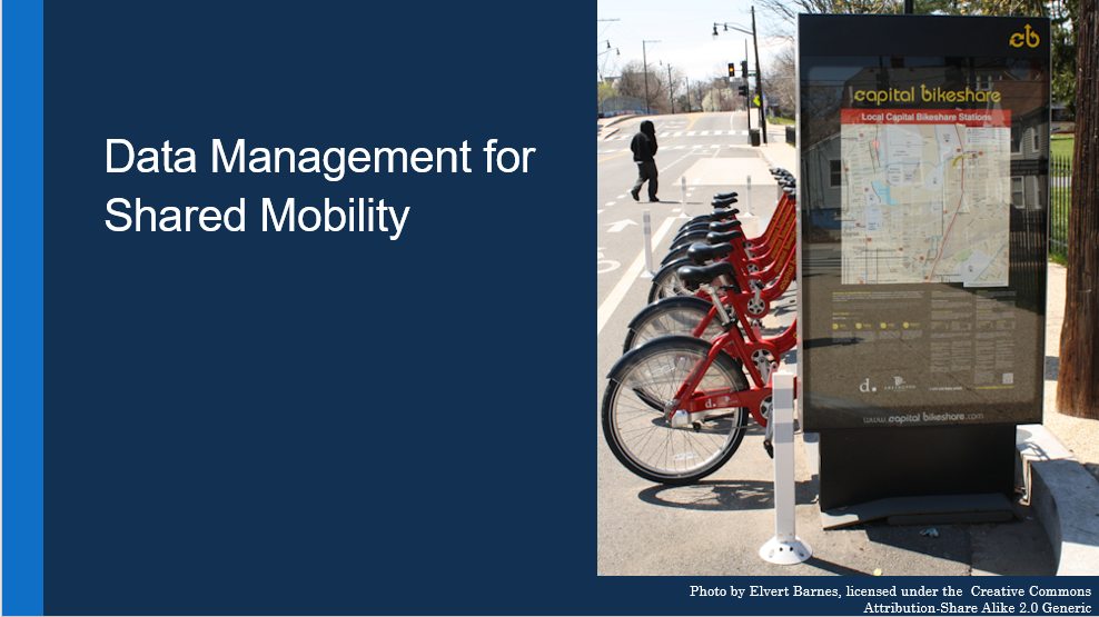 Title slide from shared mobility webinar. Image includes the title and a picture of a docked bikeshare station of the capital bikeshare system. 