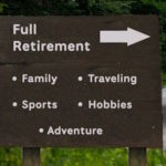 Rustic, national park style sign pointing to retirement and listing various activities.